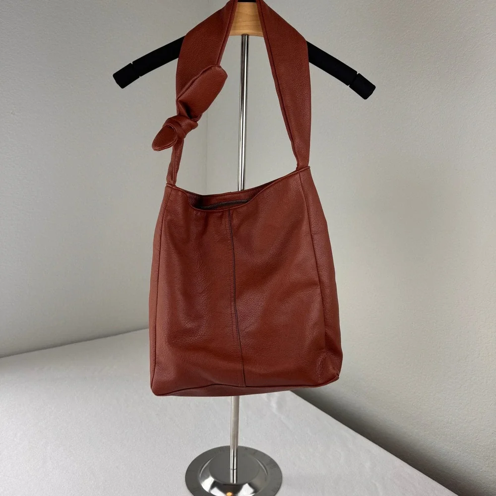 Brown Faux Leather Hobo Shoulder Bag Knot Strap Slouchy Soft Tote Purse